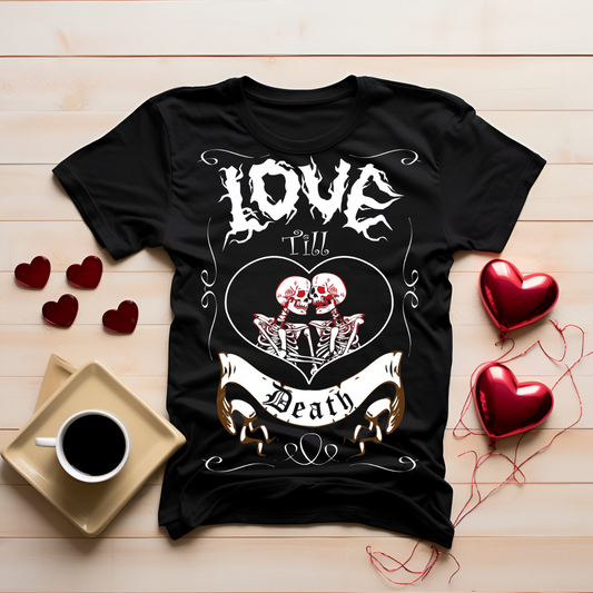 Valentine's Day Shirt, Love & Death Skeleton T-Shirt, Unisex Graphic Shirt, Festival Attire, Gothic Fashion, Edgy Casual Wear