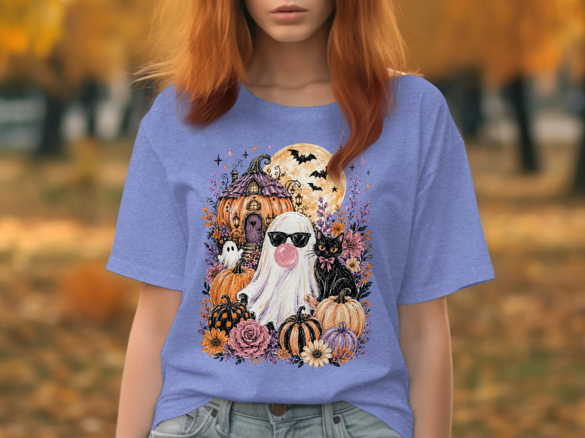 Ghost with sunglasses and pink bubblegum, black cat, and pumpkins with a haunted house.