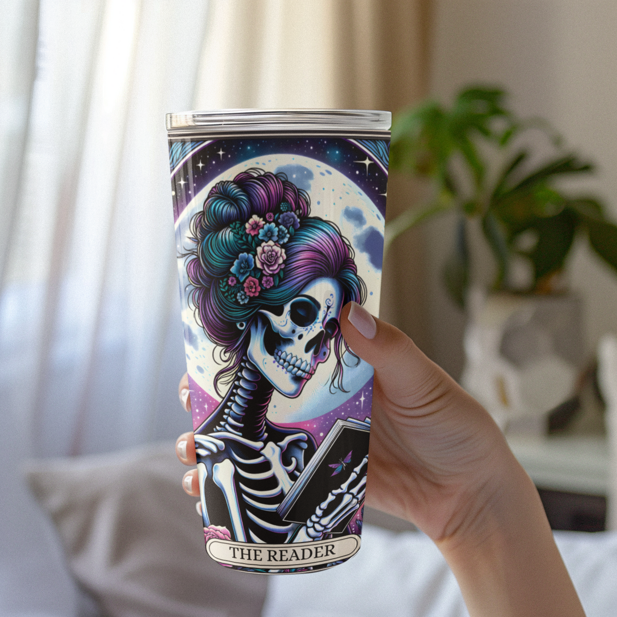 Cosmic Skeleton 20oz Tumbler - The Reader Tarot Card Tumbler, Celestial Book Reader Tumbler, Cosmic Book Reader Tumbler